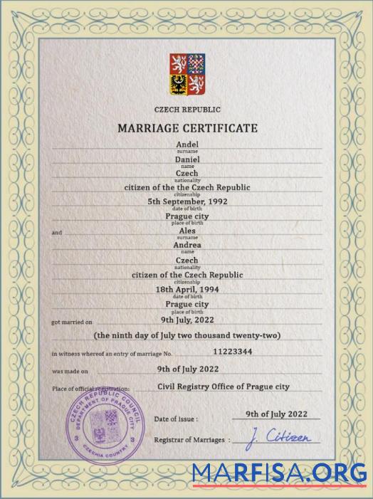 Downloadable Czechia marriage certificate template